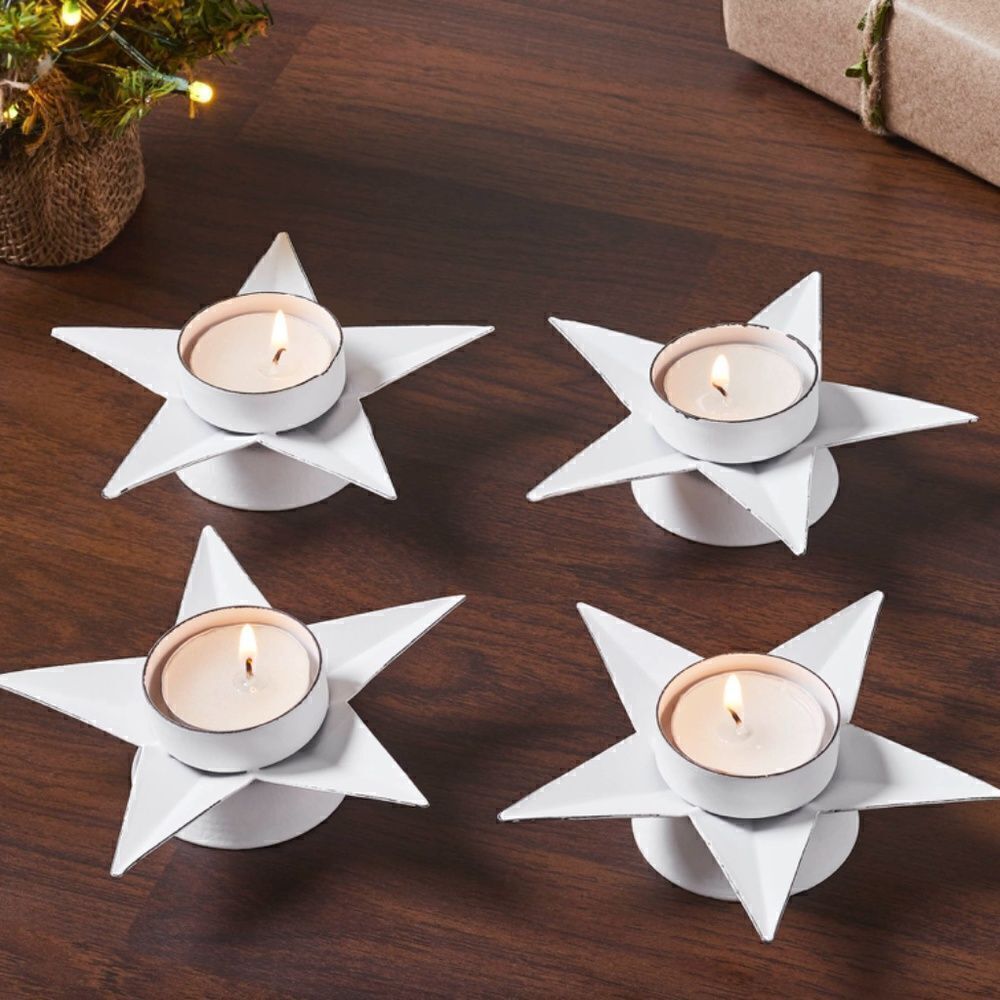 Christmas Star Metal White Tealight Candle Holders Set of Four Farmhouse…